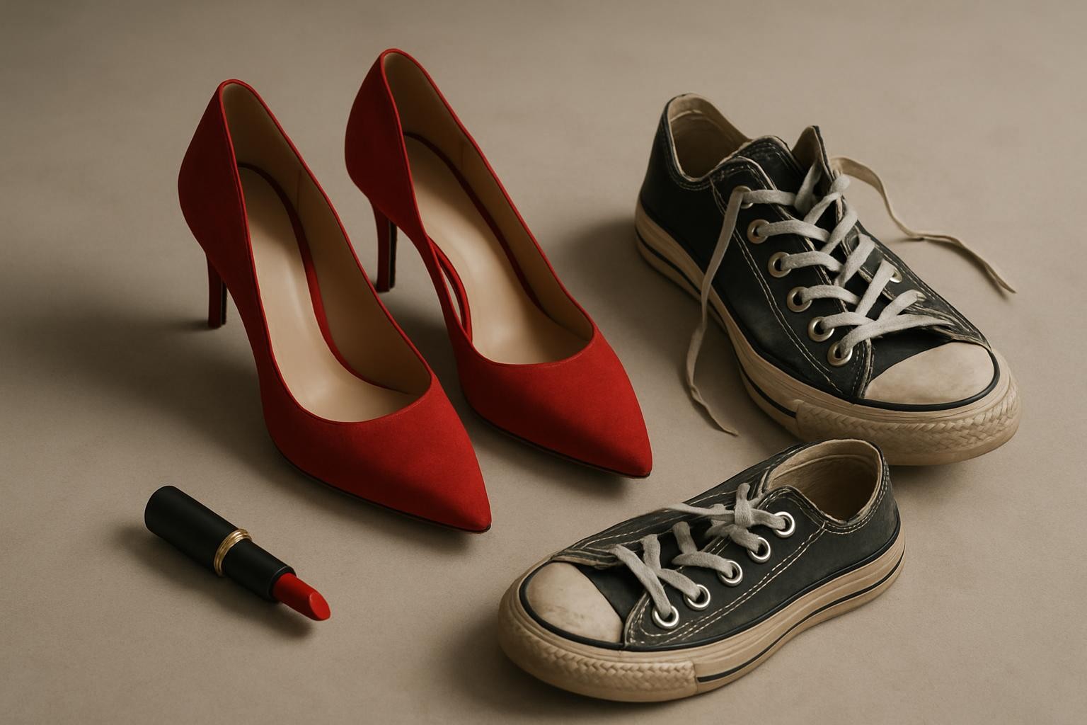 a scene on the floor featuring red high heels, a used pair of Converse shoes, and a red lipstick, with a stylish and natural arrangement